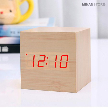 ساعت و دماسنج ال ای دی چوبی LED رومیزی Modern Wooden LED Clock Cube
